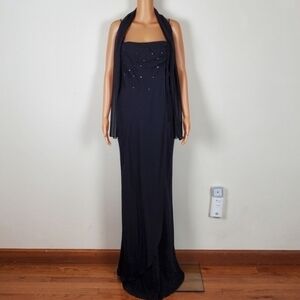 Thea Dora black spaghetti straps formal dress with scarf